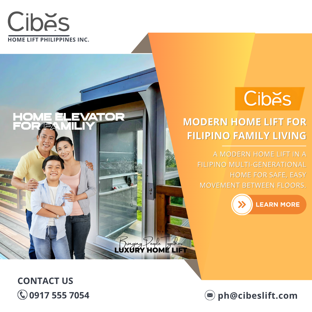 Filipino family in a multi-generational home using a modern home lift for safe and easy floor access