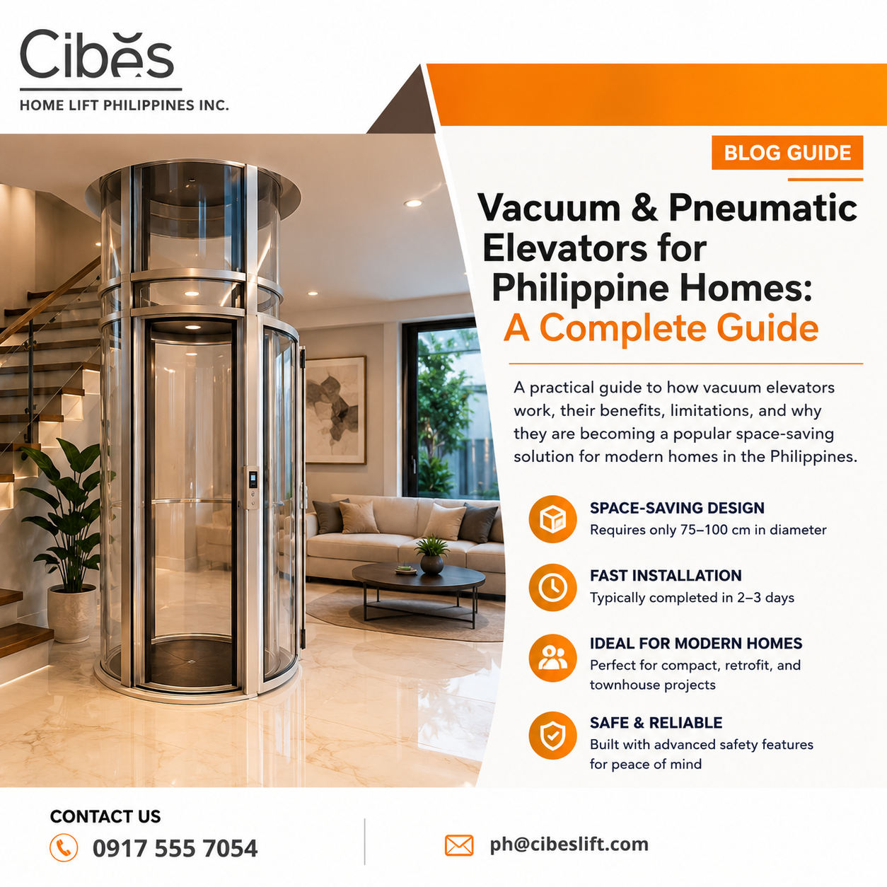 Modern vacuum home elevator installed in a contemporary Philippine house featuring a compact cylindrical lift design with space-saving functionality and minimalist interior aesthetics.