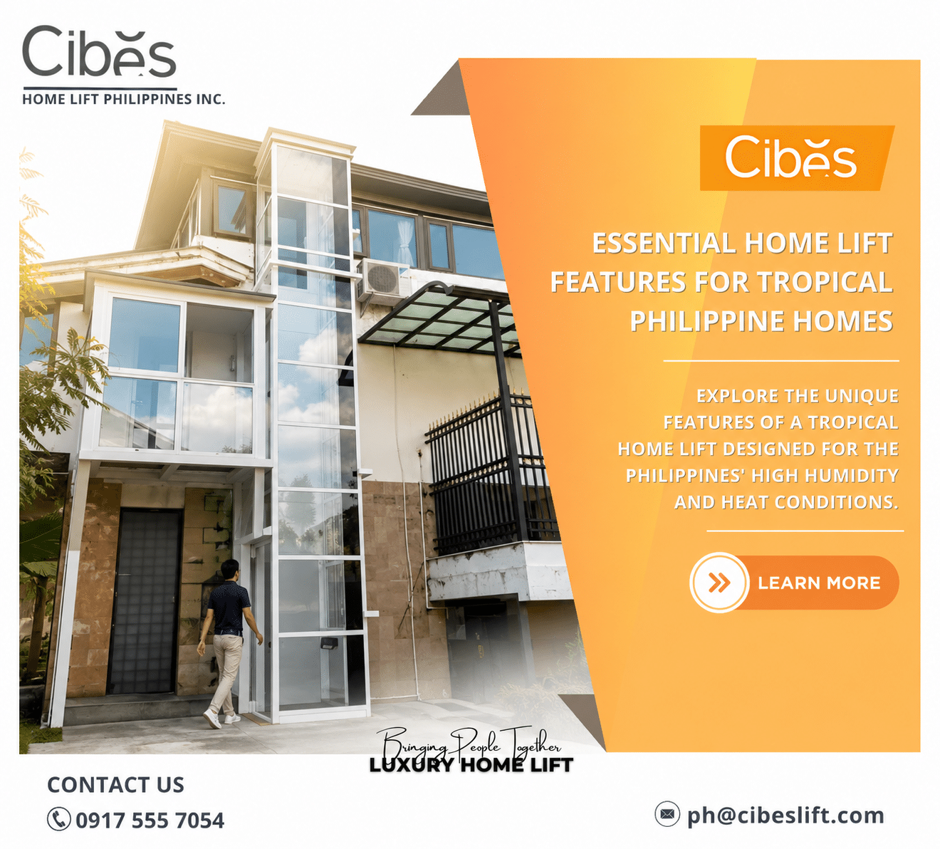 Exterior Cibes home lift installed beside a modern multi-storey residence in the Philippines. A homeowner walks toward the lift entrance, showcasing convenient access and seamless integration with the home's architecture. The image highlights an outdoor home elevator designed for tropical climates, featuring a glass shaft, weather-resistant construction, and contemporary design.