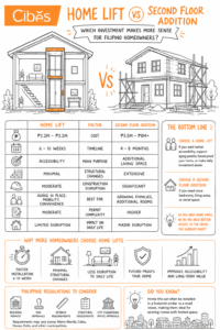 Home Lift vs. Second Floor Addition: Which Investment Makes More Sense 5 Infographic comparing a home lift and a second-floor addition in the Philippines. The graphic highlights costs, timelines, accessibility benefits, construction requirements, permit complexity, and long-term value. Home lifts cost approximately ₱2.2M–₱3.2M with a 6–10 week installation timeline, while second-floor additions cost approximately ₱3.5M–₱8M+ and require 4–8 months of construction. Includes decision guides to help homeowners choose between improved accessibility and additional living space.