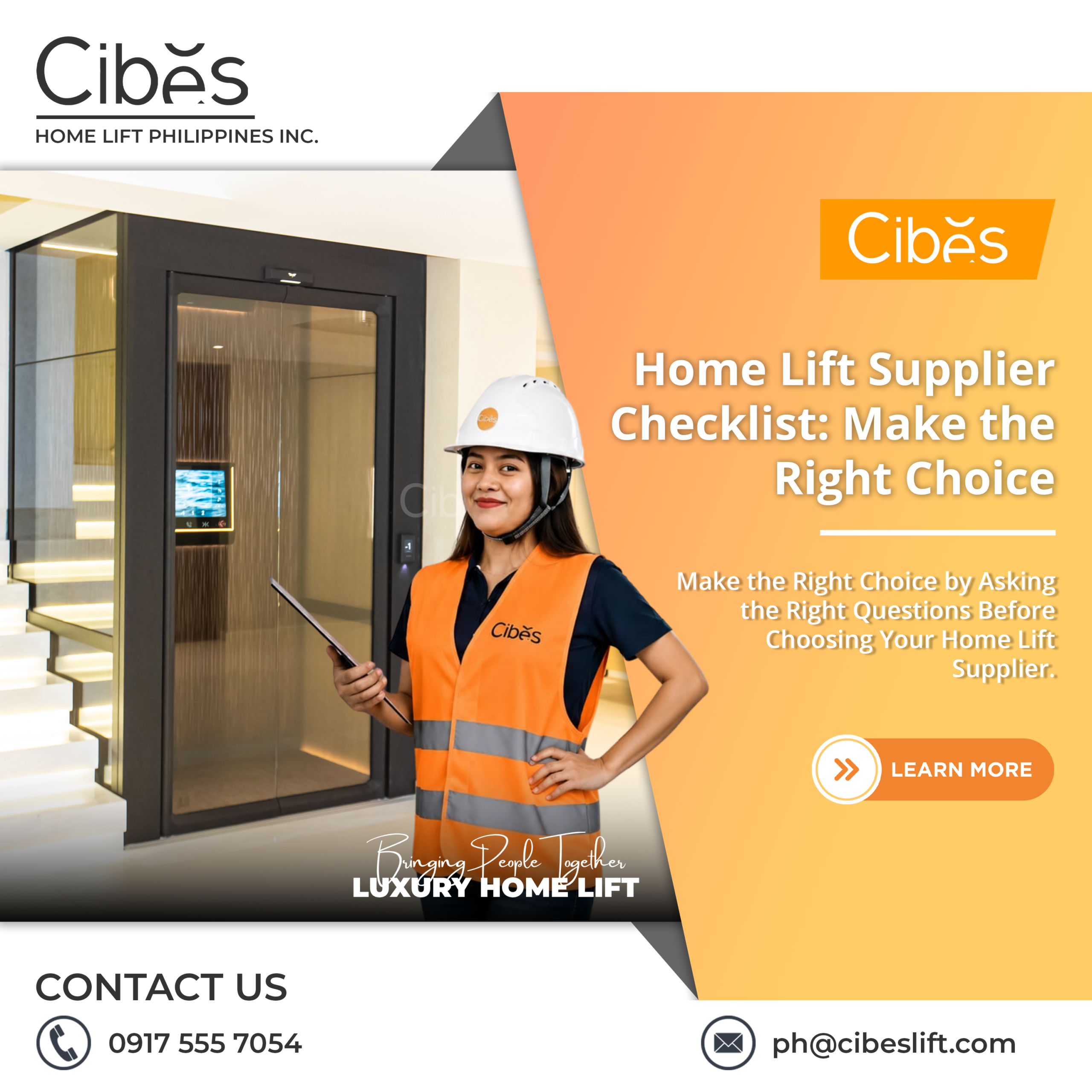 Woman reviewing a home lift supplier checklist in front of a Cibes home elevator in a modern Philippine residence before choosing a home lift provider.