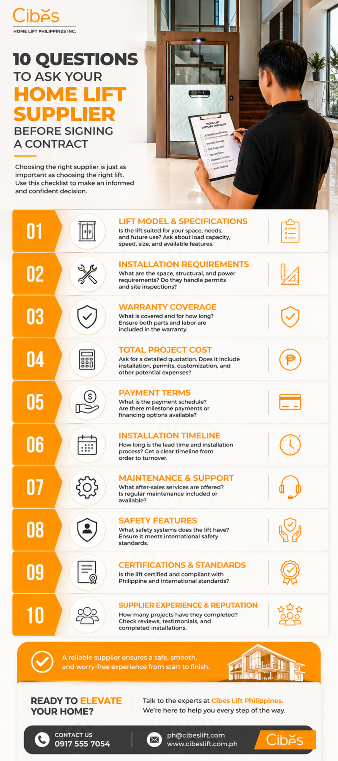 What to Ask Your Home Lift Supplier Before Signing a Contract 15 Man reviewing a home lift supplier checklist in front of a Cibes home elevator in a modern Philippine residence before choosing a home lift provider.