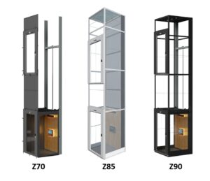 Cibes Antera home elevator range showing three models, Z70, Z85, and Z90, with different shaft, platform, and panoramic glass configurations.