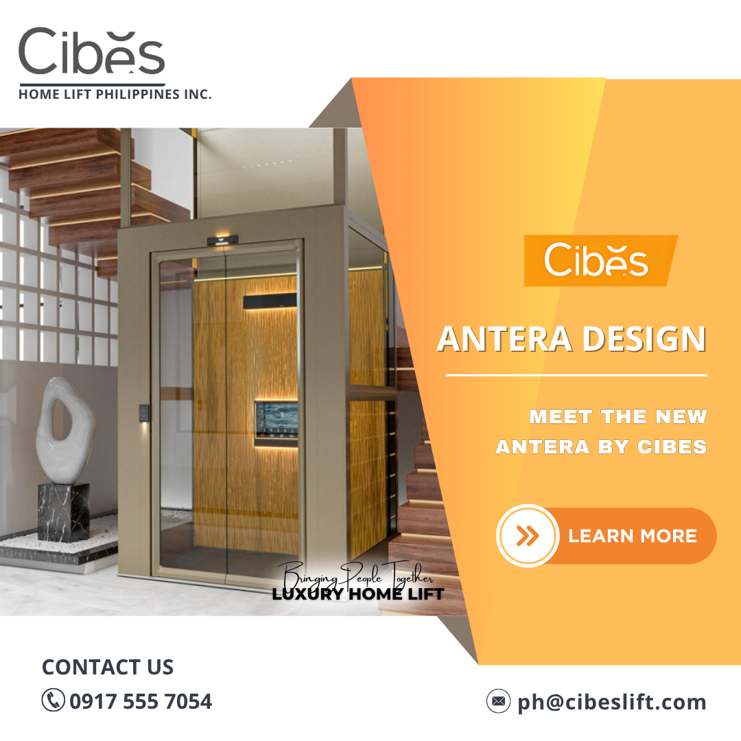 New Antera by Cibes luxury home lift with glass doors, premium interior finishes, and modern design installed beside a staircase in an elegant contemporary home.